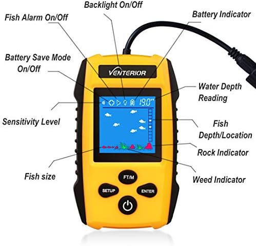 Venterior Преносни Риба Пронаоѓач Вода Длабочина Пронаоѓач со Sonar Трансдуцерот, LCD Дисплеј и Отпорен на Вода Торба (Портокал)