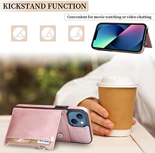 Премиум Кожа Случај за iPhone 13, KASOS Паричникот Случај со Картичка Слотови Тенок Патент Чанта Џеб Заштитна Маска (Розева)