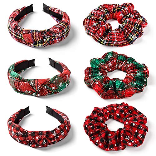 3 Пакет Божиќ Headband и 3 Pack Божиќ Коса Scrunchies со Крстот Јазол Дизајн Црвени Решетки Headband со Снег Печати Девојка Коса