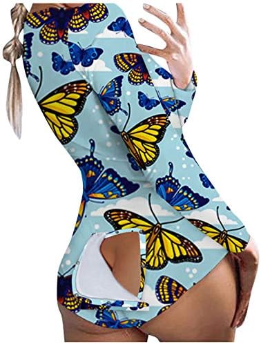naioewe Едно Парче Пижами, за Жени Секси Задник Размавта Функционална Buttoned Размавта Пеперутка Печати Краток Jumpsuits Onesies