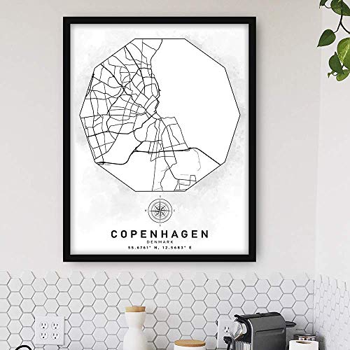 Копенхаген, Данска Street Map Ѕид Уметност - Антенски Патот View - 11 x 14 Формулиран Минималистички Уметност Оркестарот - Црно-Бело