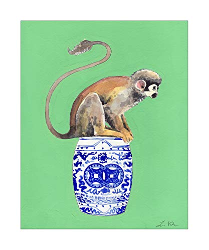 Chinoiserie Сцена Мајмун на Градина Седиште бр.2 Уметност Печати на Акварел Сликарство