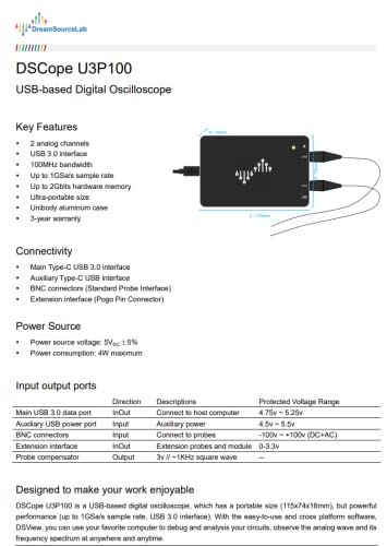 DreamSourceLab DSCope U3P100 USB-Базирани Oscilloscope со пропусен Опсег 100MHz, 1GSa/s Земање мостри Стапка, 2Gbits Меморија, USB