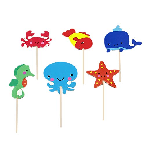 Hongkai 48PCS Море Светот Цртан филм Кит Seahorse морска ѕвезда Рак Торта Toppers Cupcake Деца Среќен Роденден Пол Открие Бебе Туш