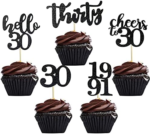 40 КОМПЈУТЕРИ Сјајот 30-ти Роденден Cupcake Toppers Сет за 30-тиот Роденден Слави Партија Декорација (Црна)