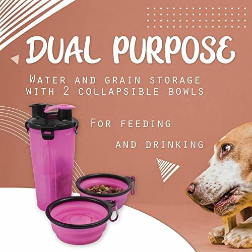 Храна за миленичиња Шише за Вода 2-во-1 Преносни со 2 Расклопна Чаши Куче Патување Розова
