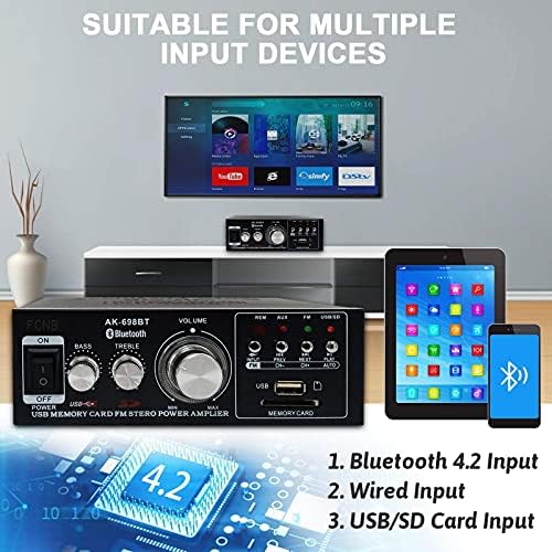 Bluetooth 4.2 Стерео Аудио Засилувач Приемник, 300W 2 Каналот Мини Hi-Fi Интегриран Засилувач со Бас и Treble Контрола за Почетен