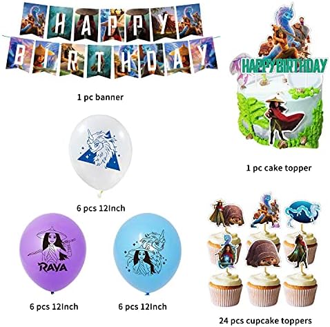 Дизни Raya и Последниот Змеј Роденден Материјали и Декорации за Момчиња Девојчиња Вклучува Cupcake Toppers Балони Банер Торта Topper за Деца