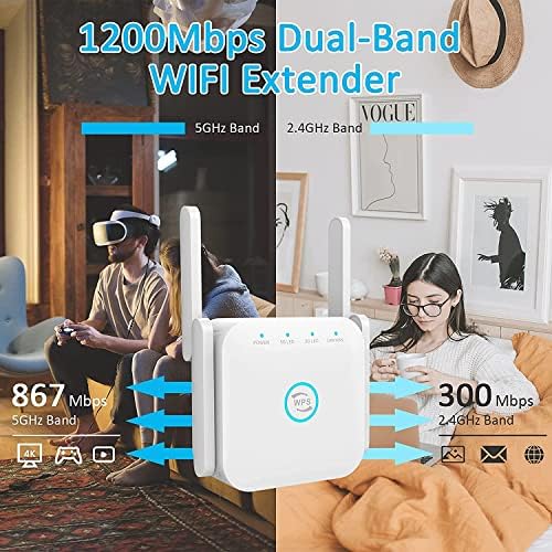 WiFi Extender,Безжичниот Сигнал Бустер & Repeater, 4 Антени 360°Целосна Покриеност,Dual Band 2.4 G и 5G WiFi Range Extender(До 1200Mbps