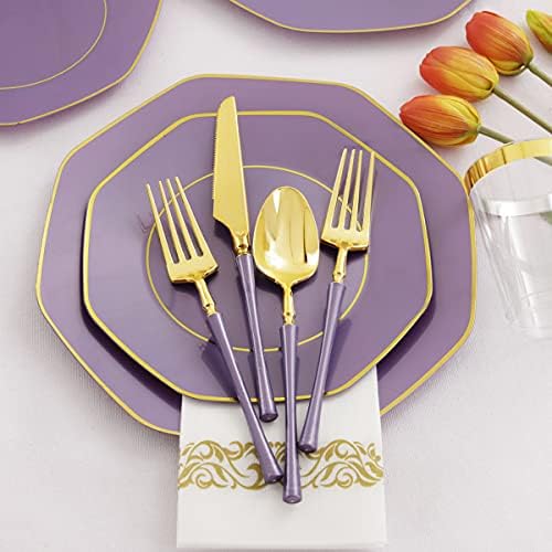 КИРЕ 20 Гости Пурпурна Пластични Плочи со Злато Rim& Злато за Еднократна употреба Пластични Сребрениот со Виолетова се Справи&Јасно