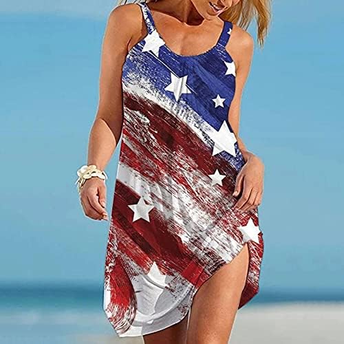 Oiumov Летни Фустани за Жени Плажа Американското Знаме Патриотски Симпатична Фустан Sundress Ракави Секојдневен Boho Резервоарот