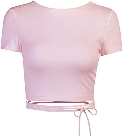 Исечете Блузи, за Жени Лето Секси Крстот Strapy Strappy Backless Тесни Кратко Sleeve O-Вратот Солидна Блуза Pullover