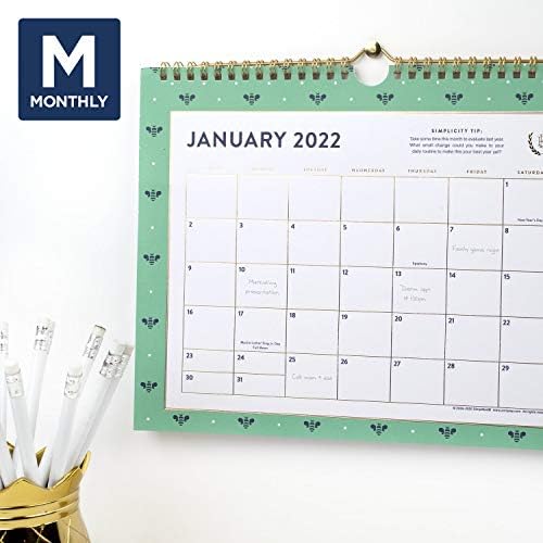 2022 Ѕидниот Календар Поедноставен од Емили Ley за AT-A-GLANCE, Месечни, 11 x 8-1/2, Мала, Нежен Пчели (EL72-709)
