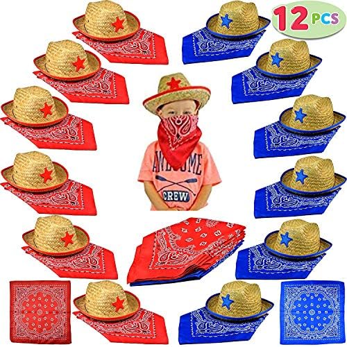 JOYIN Играчка Пакет на 12 Детето Слама Каубојска Капа со Каубојски Bandannas (6 Црвено & 6 Сино) Партија Услуги