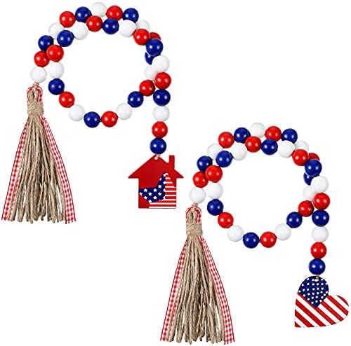 2 Парчиња Денот на Независноста Патриотски Дрво Мушка Гарланд со Американското Знаме, Farmhouse Ѕид Виси Молитва Монистра со Куќа